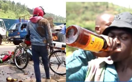 Polisi yahageze abaturage bamaze gushira Icyaka! Imodoka yari ivuye mu Nzove ku ruganda rwa Skol gutwara Inzoga, yakoze impanuka zimeneka mu muhanda, umumotari wari utwaye moto akaba yarahitanywe nazo