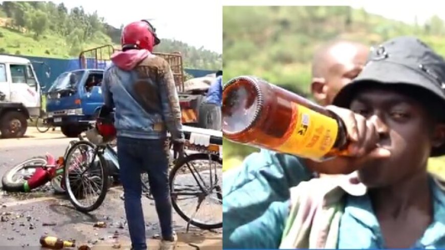 Polisi yahageze abaturage bamaze gushira Icyaka! Imodoka yari ivuye mu Nzove ku ruganda rwa Skol gutwara Inzoga, yakoze impanuka zimeneka mu muhanda, umumotari wari utwaye moto akaba yarahitanywe nazo