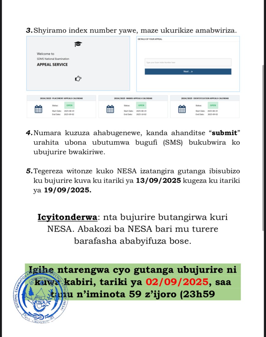 NESA: Uburyo bwo kujuririra amanota cyangwa umwanya umunyeshuri yahawe (S1 & S4)2025
