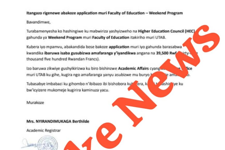 Kaminuza ya UTAB iramenyesha abantu bose ko itangazo rivuga ko hari imwe muri serivise batanga yafunzwe ari ibihuha