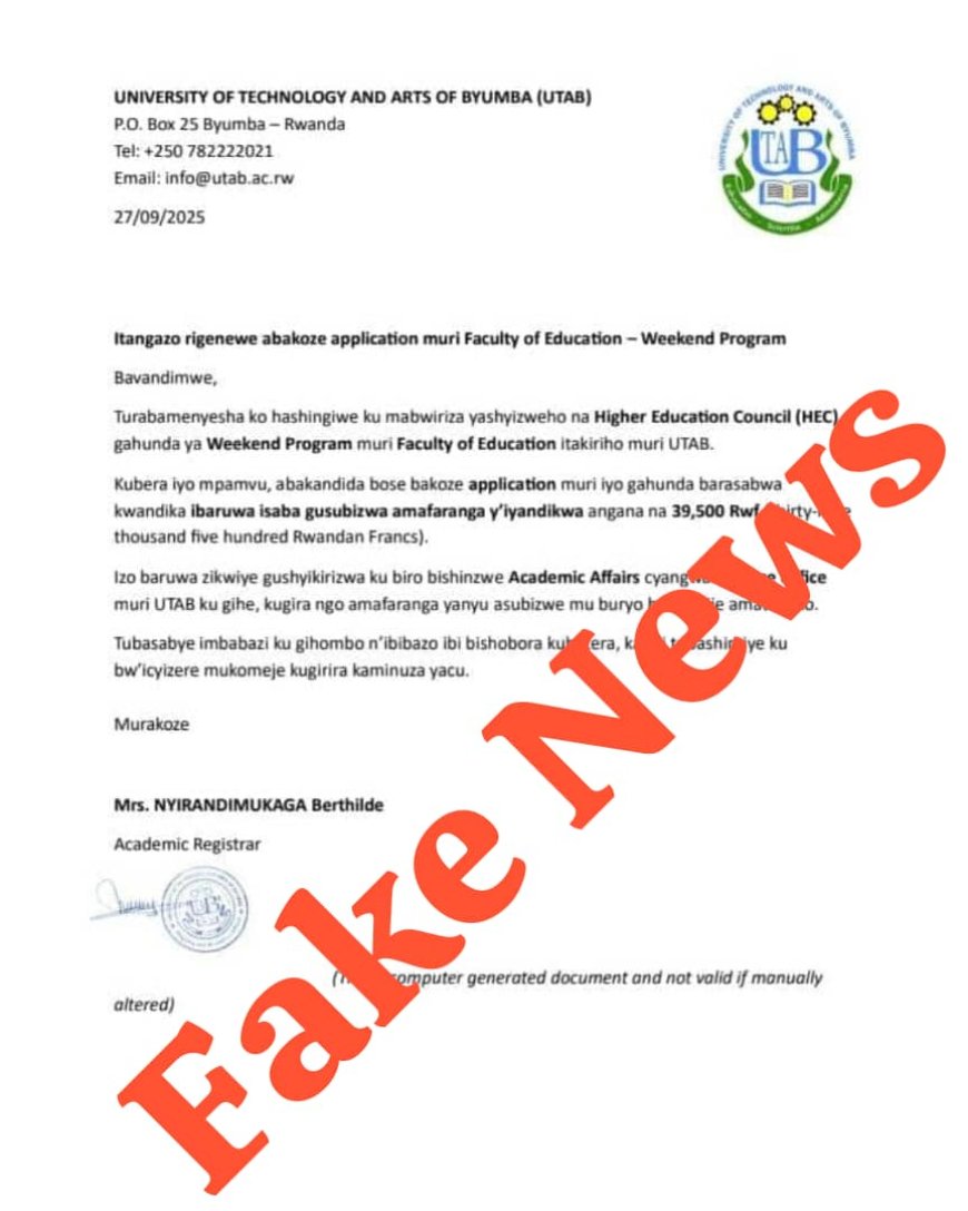 Kaminuza ya UTAB iramenyesha abantu bose ko itangazo rivuga ko hari imwe muri serivise batanga yafunzwe ari ibihuha