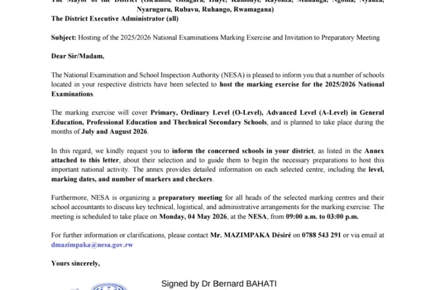 Hosting of the 2025/2026 National Examinations Marking Exercise and Invitation to Preparatory Meeting