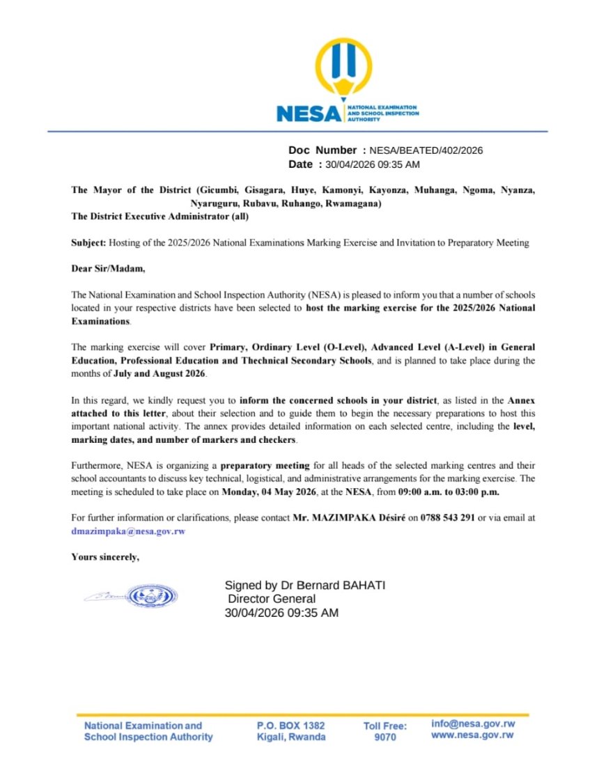 Hosting of the 2025/2026 National Examinations Marking Exercise and Invitation to Preparatory Meeting